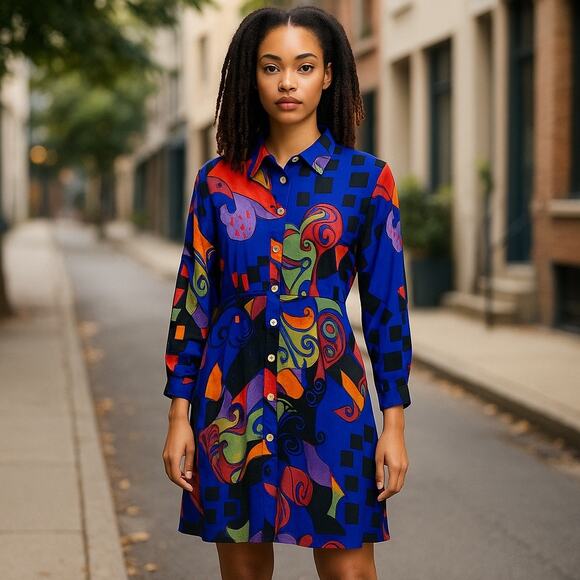 Vintage Women’s Melissa Collection Funky Art Deco Abstract Print Shirt Dress 4 - Picture 1 of 9